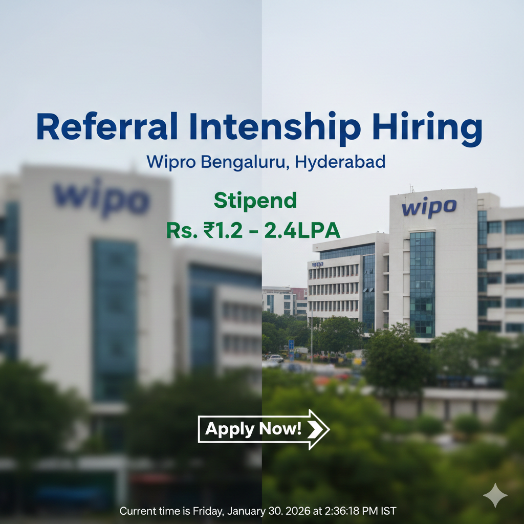 Referral Internship Hiring at Wipro Bengaluru, Hyderabad | Stipend Rs. ₹1.2 – 2.4LPA | Apply!